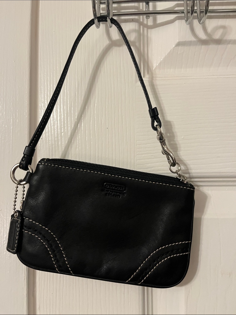 Coach Black Leather Wristlet Clutch with Contrast Stitching